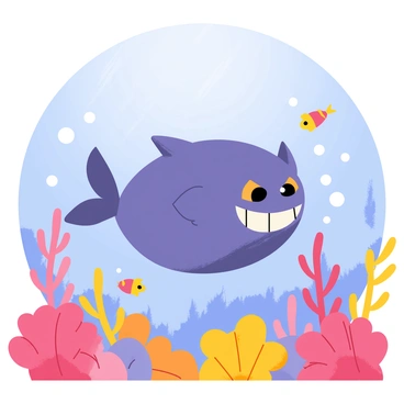A Gengar with a mischievous grin is swimming through a vibrant coral reef. The coral is in shades of pink, orange, and purple, creating a lively underwater landscape. Colorful fish, including small yellow, blue, and red species, are darting around Gengar. The water surrounding Gengar is clear and sunny, allowing soft rays of light to filter through, illuminating the scene. Bubbles rise from Gengar as it swims playfully among the corals and fish, adding a sense of motion to the illustration.