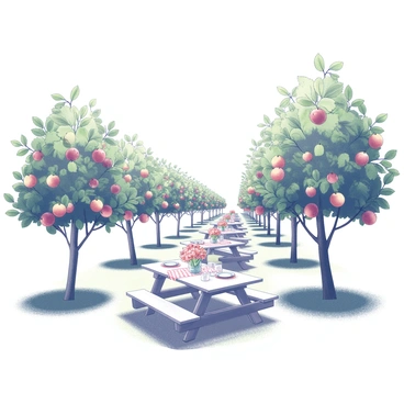 Rows of apple trees with lush green leaves stretching towards the sky. Each tree is laden with ripe apples, some hanging low and others peeking through the branches. In between the rows, several white picnic tables are arranged neatly. Each table is adorned with checkered tablecloths, plates, glasses, and an assortment of flowers in the center. Soft sunlight filters through the branches, casting gentle shadows on the ground, creating a warm and inviting atmosphere for a cozy gathering.