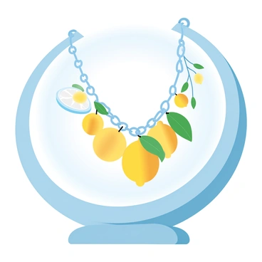 A collection of lemon-themed charms is hanging from a delicate necklace. The charms include a small lemon slice, a whole lemon, and a lemon tree branch with leaves. The necklace is elegantly laid out on a soft velvet stand, which enhances the vibrant colors of the charms. The velvet stand has a rich texture and a deep color that contrasts beautifully with the bright yellow hues of the lemon-themed charms. The entire display is arranged in a visually appealing manner, emphasizing the playful and fresh design of the necklace.