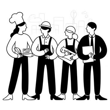A group of diverse workers standing together, each representing different professions. On the left, a woman in a chef's uniform, holding a whisk and a mixing bowl. Next to her, a man in a construction worker's outfit, wearing a hard hat and holding a set of blueprints. Another worker, a nurse in scrubs, stands beside them, holding a stethoscope. A business person in a suit is positioned on the right, holding a briefcase and a tablet. Each worker is engaged in their role, showcasing the varied labor force contributing to the economy. The background features subtle outlines of a city skyline and tools that represent different professions, enhancing the theme of diverse work.