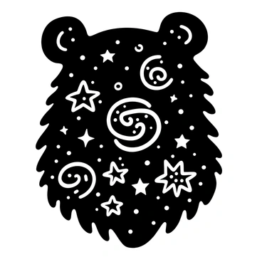 A bear's head silhouette outlined in black, with intricate details forming the contours of the fur. Inside the silhouette, a galaxy scene is depicted with swirling patterns representing nebulae and clusters of stars scattered throughout. The stars are varied in size, with some appearing larger and more prominent while others are smaller and more delicate. The overall composition creates a contrast between the detailed fur outline and the vibrant cosmic scene contained within.