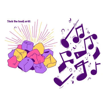 A vibrant composition features a cluster of "music notes" on the left side, radiating "good vibes" with a bright, rhythmic pattern. The notes emit visual lines that suggest melody and harmony, creating a sense of uplifting energy. On the right side, "chaotic notes" are scattered in a frenzied pattern, with sharp angles and erratic lines representing disorder and dissonance. The contrast between the two sides is striking, highlighting the difference between the flowing, joyous notes and the jagged, tumultuous ones.