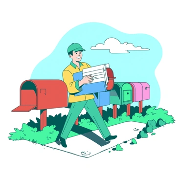 A teal postman is walking on a pathway, smiling as he carries a large stack of letters in his left arm. The postman is wearing a bright yellow uniform with a matching cap. He is standing in front of a row of vibrant mailboxes, each painted in different colors, including red, blue, green, and pink. The mailboxes are lined up neatly, and the postman is in the process of placing a letter into a red mailbox. Around the scene, there are green grass patches and a clear blue sky above.