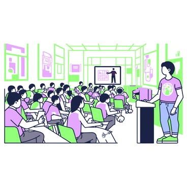 A bustling lecture hall is filled with art students seated at wooden desks. In the front of the room, a guest illustrator stands at a podium, facing the audience. The illustrator is dressed in a casual outfit, wearing a graphic t-shirt and jeans. Behind the podium, there is a large screen displaying a vibrant illustration. The students, a diverse group, are actively engaged, with some taking notes in sketchbooks and others raising their hands to ask questions. The walls of the hall are adorned with colorful student artwork, and the natural light streams through large windows, illuminating the space.