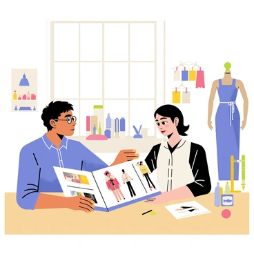 An instructor sitting at a wooden table in a bright studio, reviewing a student's fashion illustration portfolio. The instructor has short brown hair, wearing glasses, and is dressed in a blue shirt. The portfolio is open in front of the instructor, displaying various colorful fashion illustrations. The studio has white walls adorned with sketches and fabric swatches. A large window lets in natural light, illuminating the workspace filled with art supplies and a mannequin dressed in a stylish outfit.