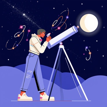 A character named "Sigma" is looking through a telescope on a clear night. The telescope is mounted on a sturdy tripod, and Sigma is standing beside it, dressed in a futuristic outfit. Around Sigma, there are swirling patterns of "cosmic energy" represented by bright, colorful wisps of light that seem to dance in the air. The night sky is filled with countless stars and a visible galaxy, adding depth to the scene. The moon is shining brightly in the background, casting a soft glow on Sigma and the telescope.