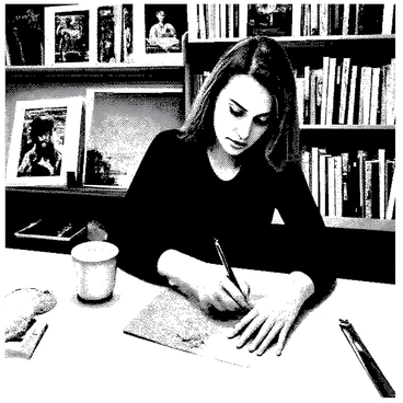 An artist with medium-length hair is sitting at a coffee-stained desk, deeply focused on drawing comics. The desk is cluttered with various art supplies, including pens, brushes, and sketchbooks. There is a steaming cup of coffee beside the artist, casting a shadow on the surface. The artist's eyes are narrowed in concentration, and their hand is moving swiftly across a piece of paper filled with comic panels. The background includes shelves lined with books and art prints, creating an inspiring workspace atmosphere.