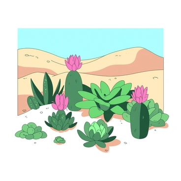 A collection of green succulents with various shapes and sizes is thriving in a sandy desert landscape. The succulents are arranged in a scattered pattern across the light-colored sand. Some succulents have vibrant pink flowers blooming on top, while others display unique textures and patterns on their leaves. In the background, there are gentle dunes formed by the shifting sand, and a clear blue sky stretches overhead, adding to the tranquil atmosphere of the desert.