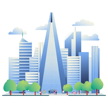 A modern city skyline is filled with tall skyscrapers reflecting sunlight. Among them, a large glass pyramid stands prominently, its transparent surfaces catching the light. The skyscrapers vary in design, with sleek lines and metallic finishes. In the foreground, there are green trees lining the streets, and a few pedestrians walking along the sidewalk. The sky is a clear blue with a few fluffy white clouds scattered above.