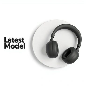A pair of modern headphones, featuring a black matte finish and soft ear cushions, placed on a clean, white surface. The headphones have a slight sheen that reflects light, accentuating their sleek design. Beside the headphones, the words "Latest Model" are displayed in bold, modern typography. The minimalist background enhances the focus on the headphones, creating a professional and polished appearance.