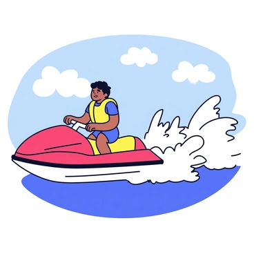 A person riding a jet ski across clear blue waters with a trail of white water jets behind