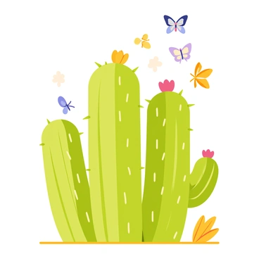 A group of tall green cacti with sharp spines stands prominently in the foreground. The cacti are adorned with bright pink and yellow flowers at their tops. Surrounding the cacti, a flutter of various butterflies with colorful wings, including shades of blue, orange, and purple, are dancing in the sunlight. The scene is illuminated by warm sunlight, creating a vibrant atmosphere as the butterflies gracefully move around the cacti.