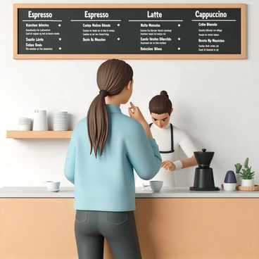 A customer, a woman with long brown hair tied back in a ponytail, is standing at the counter of a coffee shop. She is wearing a light blue sweater and dark jeans. The coffee shop features a wooden counter with a variety of coffee blends displayed on a chalkboard menu above. The menu lists different coffee types such as "Espresso," "Latte," and "Cappuccino," each with detailed descriptions. The woman is thoughtfully glancing at the menu, her finger resting on her chin as she contemplates her choice. In the background, a barista is preparing a drink, and the aroma of freshly brewed coffee fills the air.