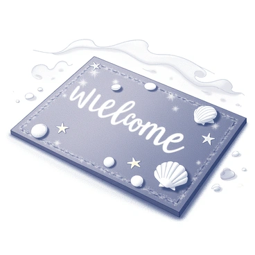A welcome mat placed on a sandy beach. The mat is decorated with an assortment of "seashells" scattered across its surface. Interspersed among the seashells are several "starfish" in various positions. In the background, there are stylized "ocean waves" gently rolling towards the shore, adding to the coastal theme. The texture of the mat is clearly defined, showcasing woven patterns that complement the beach setting.