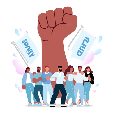 A strong visual representation of a raised fist symbolizing empowerment and unity. The fist is held high above a diverse group of people standing together, showing solidarity. Each person is dressed in various attire, representing different cultures and backgrounds. In the background, there are large banners with phrases like "Equality" and "Justice" in bold letters. The color palette consists of gradient pastel colors, blending seamlessly to create a striking visual impact.