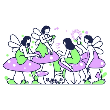 A gathering of fairies is sitting in a circle on top of giant mushrooms. Each fairy has delicate wings that are semi-transparent, reflecting a green and purple sheen. They are dressed in flowing garments made from petals and leaves. The mushrooms vary in height and size, with some featuring large, round caps and others being taller and slender. In front of the fairies, there are small glowing orbs of light, and some fairies are holding tiny scrolls or flowers as they discuss their plans. The scene is filled with a sense of camaraderie and lively conversation.