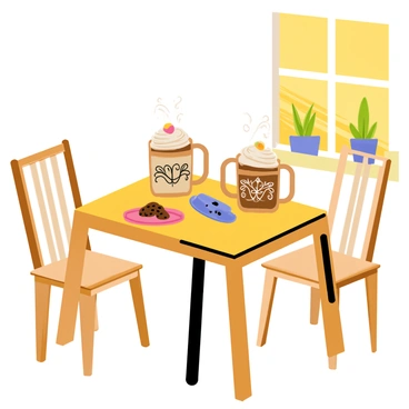 A small café corner featuring a wooden table and two chairs. On the table, there are two steaming mugs of hot chocolate topped with whipped cream and colorful marshmallows. The mugs have intricate designs and warm colors. A cozy ambiance is created with a backdrop of warm light illuminating the area and small potted plants on the windowsill. A plate with a few chocolate chip cookies is placed next to the mugs.