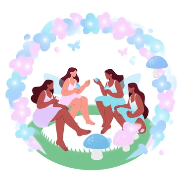 A gathering of fairies sharing stories in a fairy ring made of colorful flowers and mushrooms.