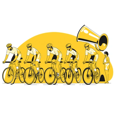 A group of cyclists lined up and ready to start a race at the sound of the horn