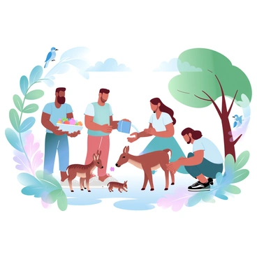 A group of volunteers is gently feeding rescued animals in a wildlife sanctuary. One volunteer is holding a large bowl of fresh fruits, while another is pouring water into a shallow dish for small animals. Nearby, a volunteer is crouched down, offering food to a small deer with a gentle demeanor. Surrounding them are lush green trees and a variety of colorful flowers, creating a vibrant atmosphere. A few birds are perched on branches, observing the scene. Sunlight filters through the leaves, casting soft gradients of pastel colors across the ground.