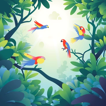 A dense rainforest canopy is composed of vibrant green foliage, with large leaves and intertwining branches creating a rich tapestry of textures. Colorful parrots with bright plumage in shades of red, blue, and yellow are flying overhead, their wings outstretched as they soar through the air. Sunlight filters through the leaves, casting dappled light patterns on the forest floor below. The atmosphere is filled with the sounds of nature, as the parrots call to each other while navigating the lush surroundings.