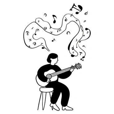 A musician sitting on a stool, strumming a guitar, with detailed patterns on the guitar's body. Above the musician, swirling music notes are depicted, transitioning into intricate mathematical equations. The equations have various symbols and numbers, creating a dynamic flow. The scene is framed with a sense of movement, emphasizing the connection between music and mathematics.