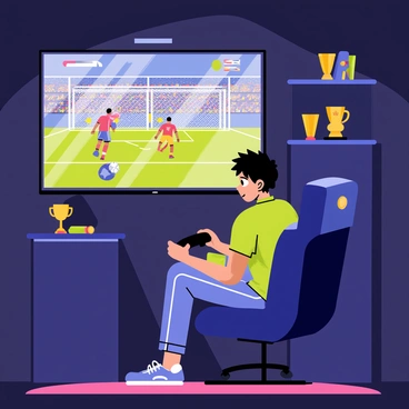 A young player with short black hair is sitting on a comfortable gaming chair, intensely focused on a sports video game displayed on a large screen in front of him. The room is dimly lit, with colorful LED lights accentuating the gaming setup. The player holds a black gaming controller tightly in his hands, his eyes wide with concentration as he looks at the screen. Various game characters and action sequences are visible on the screen, showcasing the excitement of the sports game. A few trophies and gaming accessories are displayed on a nearby shelf, adding to the atmosphere of a dedicated gaming space.