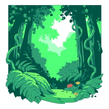 A vibrant green rainforest filled with towering trees and dense foliage. Lush ferns are prominently featured, with new buds emerging, showcasing a rich variety of textures. Several twisting vines hang from branches, intertwining with the leaves. Sunlight filters through the dense canopy above, casting dappled light on the forest floor, which is covered in a carpet of rich green moss. Brightly colored flowers can be seen peeking through the greenery, adding bursts of color to the scene.
