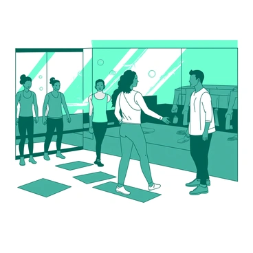 A teal instructor stands at the front of a fitness studio, demonstrating proper walking techniques to a group of students. The instructor is wearing a white athletic outfit and has a confident posture. The students, wearing colorful workout clothes, are lined up in front of the instructor, attentively watching the demonstration. The studio has large mirrors reflecting their movements and bright lighting enhancing the space. In the background, there are exercise mats and fitness equipment arranged neatly. The atmosphere conveys a sense of focus and determination among the participants.