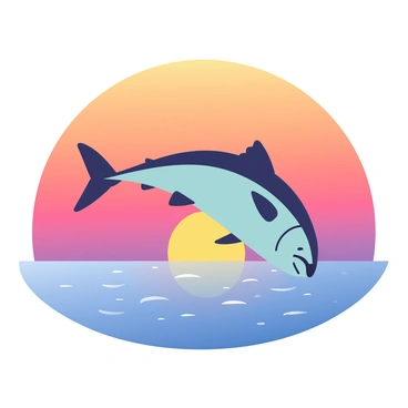 A vibrant sunset is casting warm hues of orange, pink, and purple across the sky. In the foreground, the silhouette of a large tuna fish is depicted mid-jump, its body arched gracefully above the surface of the water. The ocean is reflecting the colors of the sunset, creating a shimmering effect on the water's surface. Small ripples form around the fish, hinting at the movement and energy of the scene. The horizon line is visible, where the sky meets the calm sea, further emphasizing the dramatic sunset backdrop.
