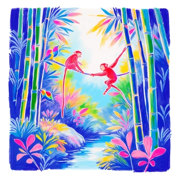 A vibrant bamboo jungle features tall green bamboo stalks rising towards the sky. Among the stalks, a playful monkey swings from one branch to another, showcasing its agile movements. Colorful birds can be seen perched on the bamboo, with their feathers shining in bright hues. In the background, a small, clear stream flows gently, reflecting the green of the jungle. Sunlight filters through the leaves, casting dappled light on the forest floor, where small flowers and ferns grow.