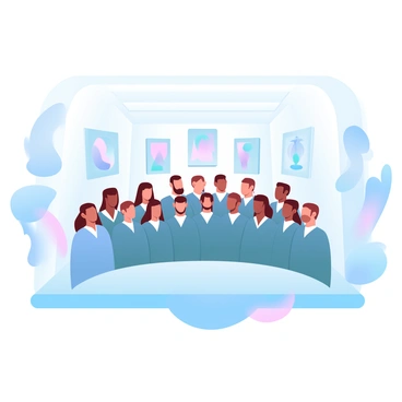 A choir is positioned in the center of a spacious art gallery. The choir is composed of individuals wearing matching formal attire. Surrounding them are various paintings hanging on the walls, showcasing a range of colorful and abstract designs. Statues and sculptures in different styles are placed strategically throughout the gallery, adding depth to the scene. Soft gradient pastel colors fill the background, enhancing the serene atmosphere of the gallery. The lighting is soft, illuminating both the choir and the artwork, creating a harmonious visual composition.
