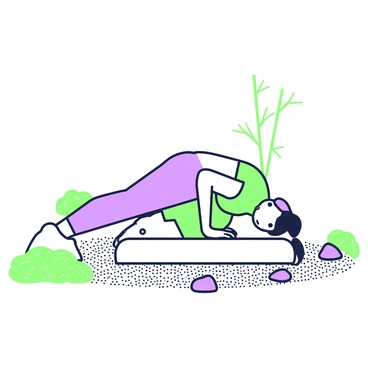 A person is performing a side plank pose on a smooth, flat stone in the center of a zen garden. The individual has a focused expression and is dressed in comfortable athletic clothing. Surrounding them are meticulously arranged rocks and fine gravel, depicting a harmonious pattern. To one side, there is a small patch of green moss, adding a touch of nature. In the background, a few carefully placed stones and a delicate bamboo arrangement provide a sense of balance and tranquility.