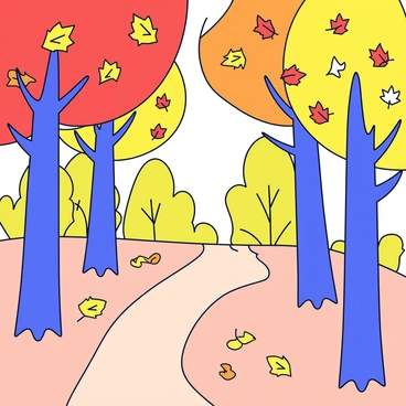 A forest in autumn with trees showcasing vibrant orange, red, and yellow leaves. Leaves are gently falling from the branches, creating a colorful carpet on the ground. A winding dirt path meanders through the scene, flanked by trees with a mix of tall trunks and leafy branches. Sunlight filters through the canopy, casting soft shadows along the path.