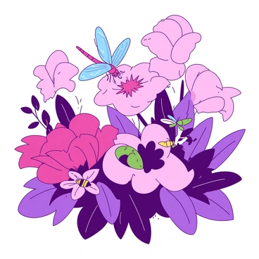 A garden is filled with giant flowers in vibrant shades of pink and purple. The petals of the flowers are broad and overlapping, creating a lush and colorful landscape. Among the flowers, there are friendly insects, such as a large green ladybug with shiny wings, perched on a pink flower. A bright blue dragonfly hovers nearby, its wings shimmering in the sunlight. A cheerful yellow bee is buzzing from flower to flower, collecting nectar. The scene captures the lively interaction between the oversized flora and the friendly insects that inhabit this enchanting garden.