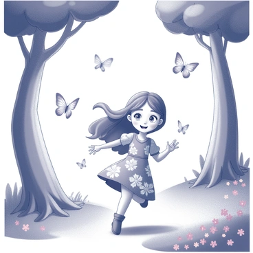 A cartoon girl with playful features is running through an enchanted forest. She has long, flowing hair and is wearing a vibrant dress adorned with floral patterns. Surrounding her are various glowing butterflies, their wings shimmering as they flutter through the air. The background consists of tall, whimsical trees with twisted trunks and oversized leaves. Sunlight filters through the canopy, casting dappled light on the forest floor, which is covered in soft, lush grass and colorful flowers. The girl is reaching out with her hands, trying to catch the butterflies as they dance around her.
