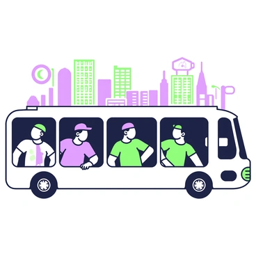 A group of tourists is peering out of a white bus during a guided city tour. The bus has large windows that allow for clear visibility. Inside, the tourists display a variety of expressions, with some smiling and others looking thoughtfully as they observe their surroundings. Each tourist is wearing casual attire suitable for travel, such as t-shirts and hats. Outside the bus, prominent city landmarks are visible, including tall buildings and street signs, providing context for the urban environment. The scene captures a sense of exploration and excitement among the tourists.