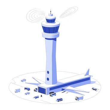 An airport control tower stands tall against the skyline. The structure has a wide base and a narrow top, with large windows allowing visibility of the runway below. On the top, there is a radar dome actively sending out waves. These radar waves are depicted as concentric circles radiating outward, indicating the tracking of incoming flights. Surrounding the tower, there are various aircraft on the tarmac, along with service vehicles moving nearby. The sky above is clear, emphasizing the focus on the control tower and its operations.