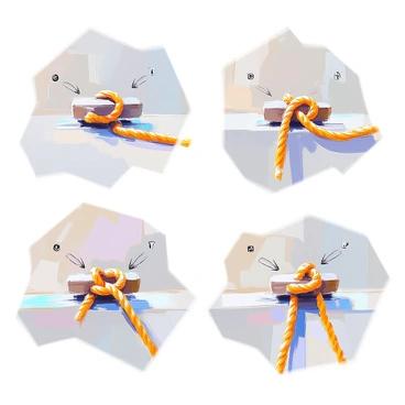 A series of step-by-step diagrams illustrating the process of tying a cleat hitch knot. The first diagram displays a cleat, a wooden or metal object with two protruding arms, positioned on a flat surface. The second diagram shows a length of rope being draped over one arm of the cleat. The third diagram depicts the rope being wrapped around the opposite arm in a clockwise direction. The fourth diagram presents the rope being pulled back towards the original arm, creating a triangular shape. The final diagram illustrates the knot being secured by pulling the end of the rope tight, with arrows indicating the direction of the rope movement and clear labels for each step.