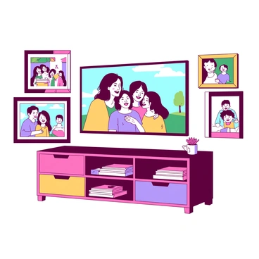 A wall-mounted television with a colorful console underneath, surrounded by family photos