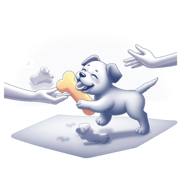 A small puppy with fluffy fur, exhibiting an expression of joy and excitement. The puppy is playfully interacting with a brightly colored toy, which is a plush bone shape. The puppy's ears are perked up, and its tail is wagging energetically as it bites and shakes the toy. In the background, there are indications of a cozy living room, with a soft rug beneath and a few scattered dog toys around. The owner, a pair of hands reaching out, is encouraging the puppy to play, creating a lively scene of interaction and joy.