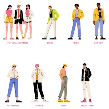 A series of illustrations depicting the evolution of fashion from the 1950s to the present. The first illustration showcases a group of people in the 1950s, wearing classic vintage outfits such as poodle skirts, leather jackets, and tailored suits. The second illustration captures the vibrant styles of the 1970s, featuring bell-bottom pants, tie-dye shirts, and platform shoes. The third illustration represents the bold fashions of the 1980s, highlighting oversized blazers, neon colors, and leg warmers. The fourth illustration reflects the grunge aesthetic of the 1990s, with flannel shirts, ripped jeans, and combat boots. The final illustration brings the current trends to life, showcasing modern athleisure, minimalistic designs, and a mix of diverse styles. Each illustration is detailed, colorful, and captures the essence of each decade’s unique fashion.