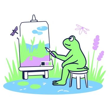 A green frog is sitting on a small stool beside a pond, carefully painting a watercolor landscape on an easel. The easel holds a white canvas that is partially covered with soft brush strokes that depict trees and a blue sky. The frog is holding a paintbrush in its right hand, with a palette of vibrant colors resting on its lap. A couple of lily pads float on the surface of the pond, and small ripples are visible in the water. Dragonflies hover near the frog, and a gentle breeze rustles the nearby reeds.