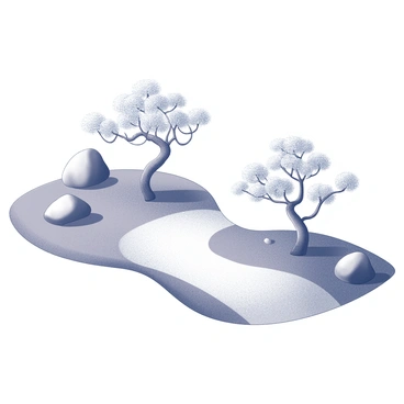 A winding path navigates through a Zen garden. The path is flanked by carefully raked sand, creating a pattern that flows gently across the landscape. Small bonsai trees, each uniquely shaped, are positioned along the sides of the path, their leaves delicately outlined. Rocks of various sizes are placed strategically within the garden, adding texture to the setting. Soft shadows cast by the trees create a serene atmosphere in the scene.
