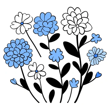 A collection of hydrangea flowers displayed in varying shapes and sizes. Each flower exhibits intricate petal details, showcasing distinct shades of blue. The blossoms are arranged in a pleasing composition, creating a harmonious visual contrast against a clean, white background.
