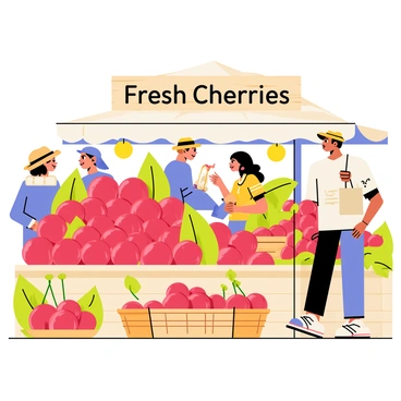 A colorful farmers market stall filled with shiny red cherries piled high in baskets. The stall features a wooden sign reading "Fresh Cherries" in bold letters. Nearby, several shoppers are engaged in browsing, including a woman in a straw hat inspecting the cherries and a man holding a canvas bag. Bright green leaves and stems are visible among the cherries, adding to the fresh appeal of the scene. Various other stalls with fruits and vegetables can be seen in the background, creating a lively atmosphere.