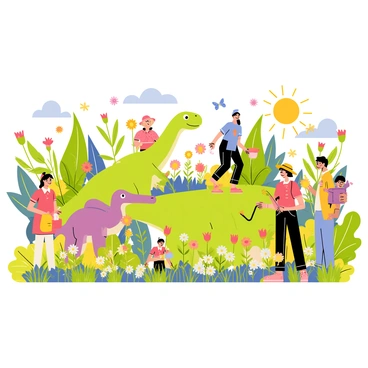 A vibrant garden filled with a variety of colorful flowers, plants, and lush greenery. Several dinosaurs, such as a friendly green brontosaurus and a small, playful triceratops, are seen alongside diverse groups of people, including a woman wearing a straw hat and a child holding a watering can. The people are watering plants, planting seeds, and tending to the flowers. The scene is lively, with butterflies fluttering around and bright sunlight illuminating the garden, creating a cheerful atmosphere.