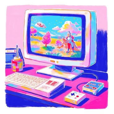 A computer screen displays a series of pixel art illustrations. The screen is framed by a retro-style computer monitor with rounded edges. The pixel art features various scenes, including a knight in armor battling a dragon, a vibrant landscape with pixelated trees, and a small spaceship flying through a blocky starry sky. Each illustration is filled with bright colors and distinct pixelated edges, capturing the essence of classic video games. The background of the image includes a wooden desk with a few game cartridges and a vintage controller resting beside the monitor.
