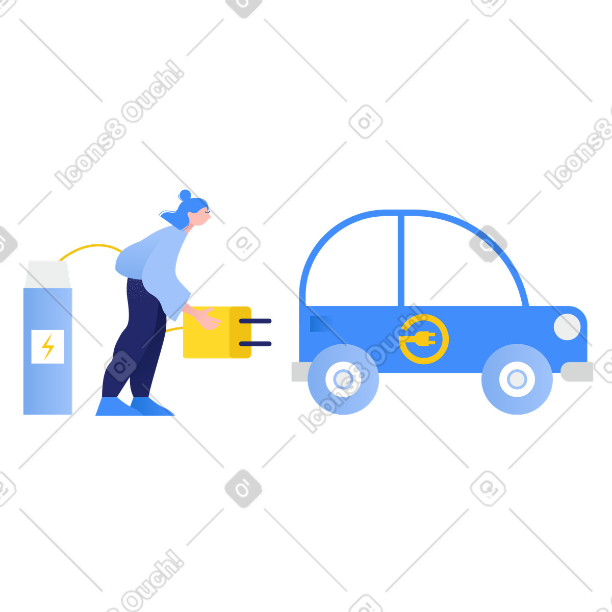 Female driver plugging in power cord to electric car, Renewable energy transportation illustration Clip style download PNG, SVG