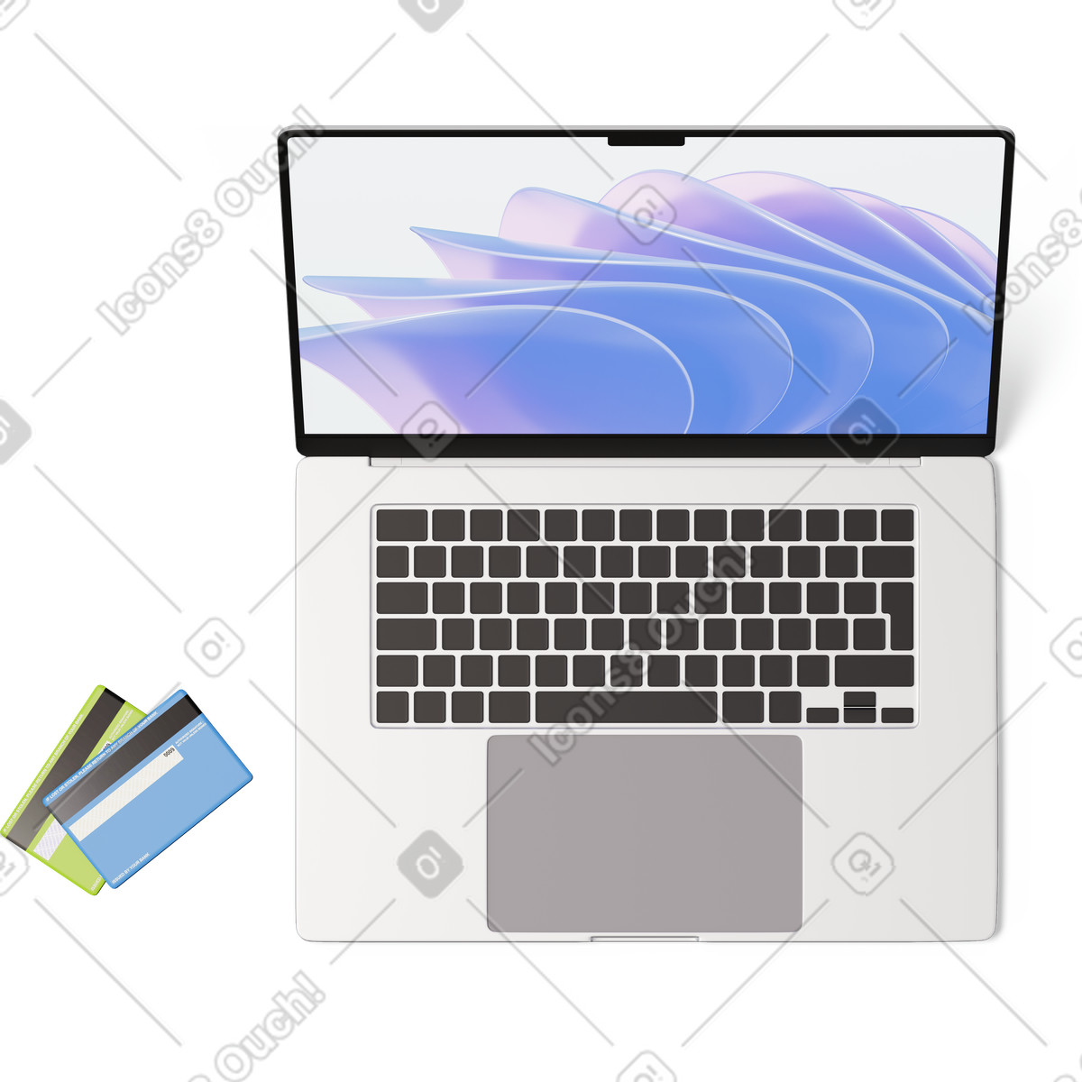 Top view of laptop and two credit cards illustrazione in stile 3D Hygge scarica in PNG, SVG